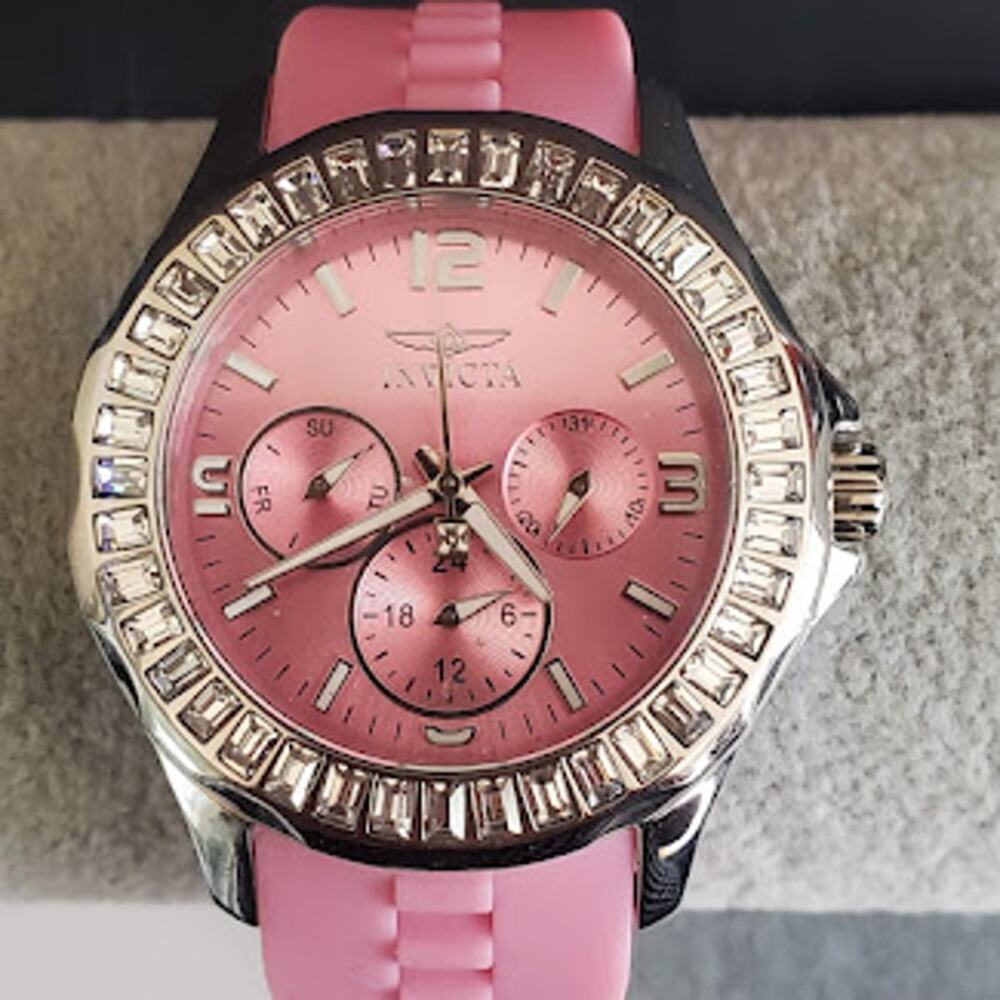 Invicta Angel‎ 22472 Womens Pink Dial Crystal Bezel Silicone Strap Watch 100M